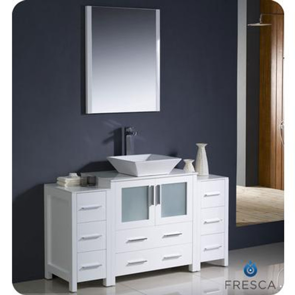 Torino 54 Inch White Modern Bathroom Vanity With 2 Side Cabinets And Vessel Sink
