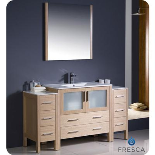 Torino 60 Inch Light Oak Modern Bathroom Vanity With 2 Side Cabinets And Undermount Sink