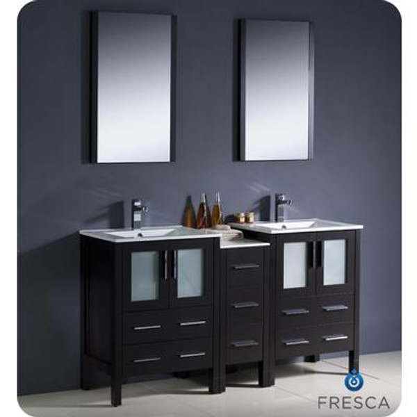 Torino 60 Inch Espresso Modern Double Sink Bathroom Vanity With Side Cabinet And Undermount Sinks