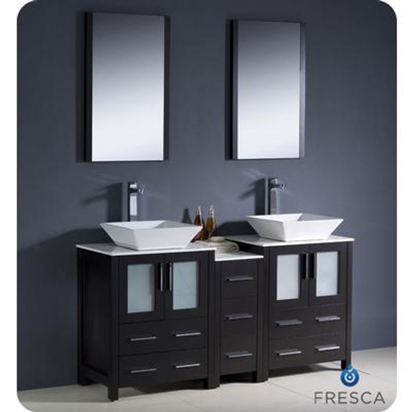 Torino 60 Inch Espresso Modern Double Sink Bathroom Vanity With Side Cabinet And Vessel Sinks