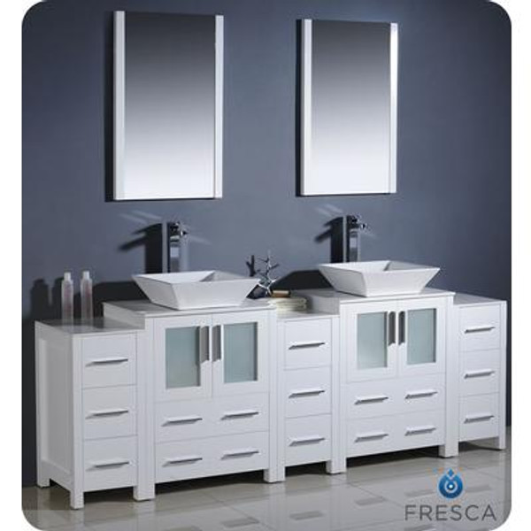 Torino 84 Inch White Modern Double Sink Bathroom Vanity With 3 Side Cabinets And Vessel Sinks