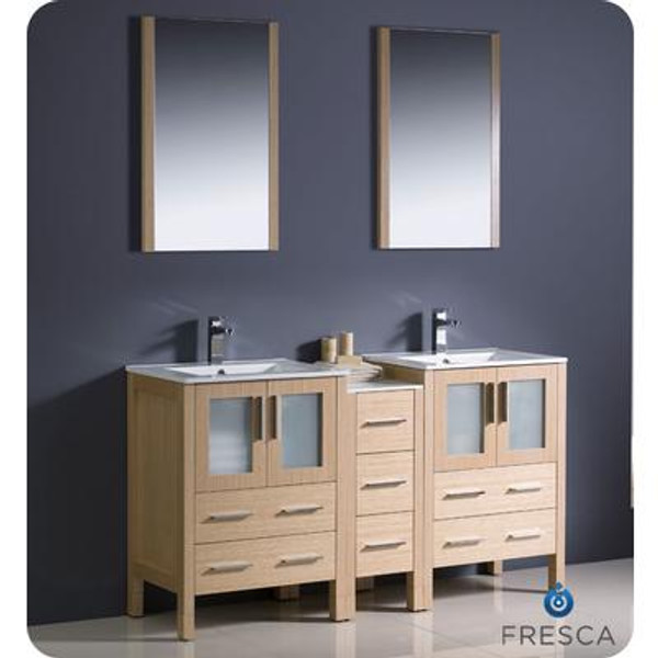 Torino 60 Inch Light Oak Modern Double Sink Bathroom Vanity With Side Cabinet And Undermount Sinks