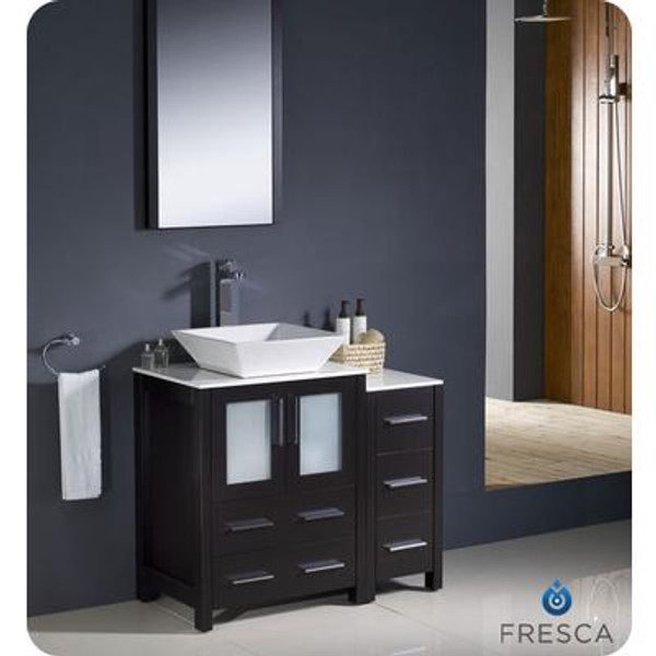 Torino 36 Inch Espresso Modern Bathroom Vanity With Side Cabinet And Vessel Sink