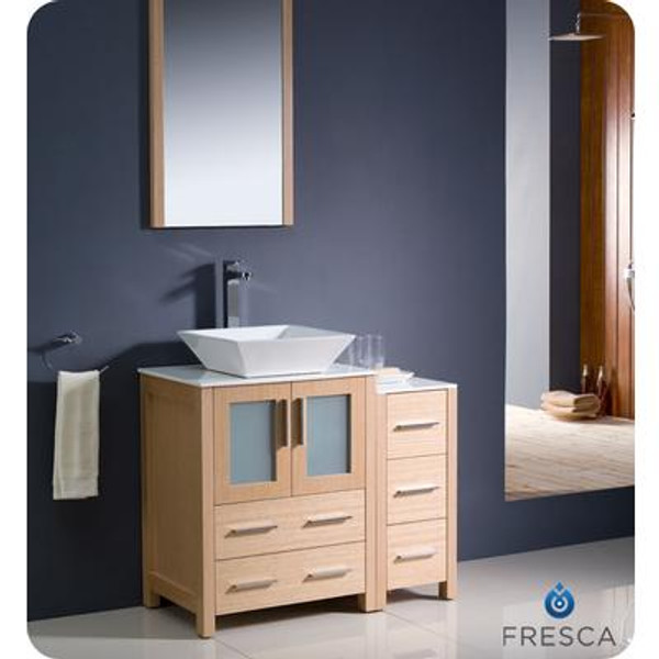 Torino 36 Inch Light Oak Modern Bathroom Vanity With Side Cabinet And Vessel Sink