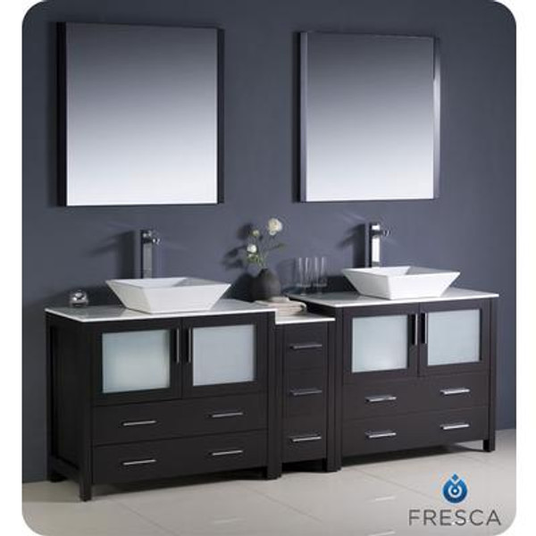 Torino 84 Inch Espresso Modern Double Sink Bathroom Vanity With Side Cabinet And Vessel Sinks