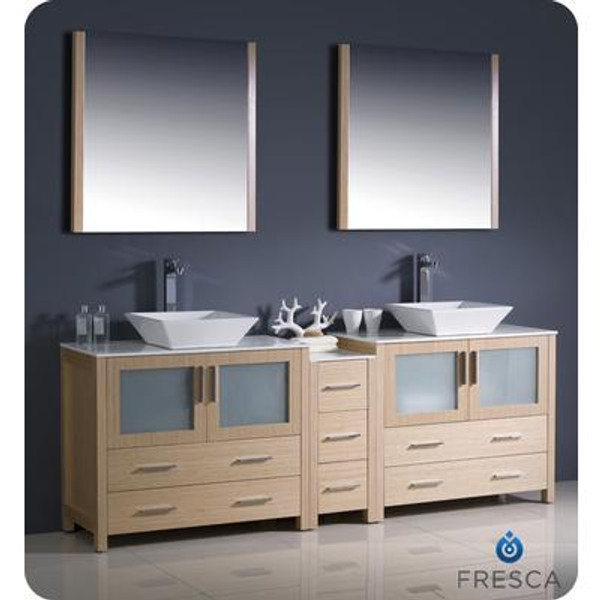 Torino 84 Inch Light Oak Modern Double Sink Bathroom Vanity With Side Cabinet And Vessel Sinks