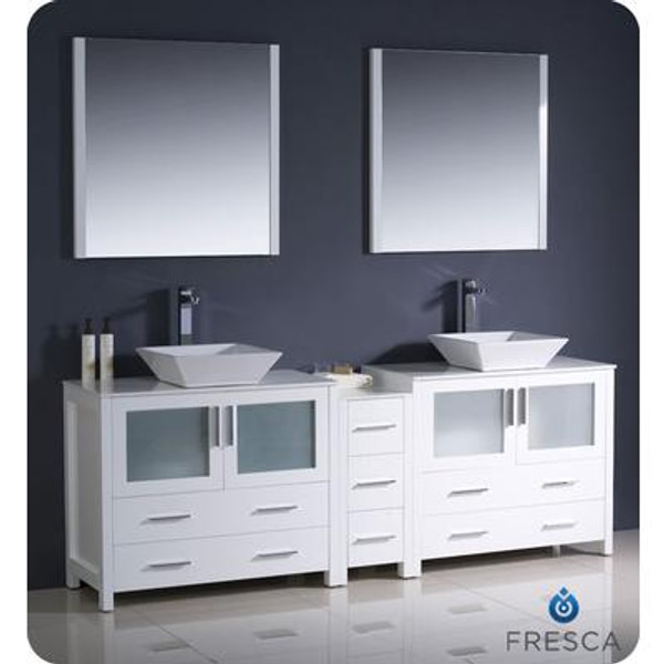 Torino 84 Inch White Modern Double Sink Bathroom Vanity With Side Cabinet And Vessel Sinks