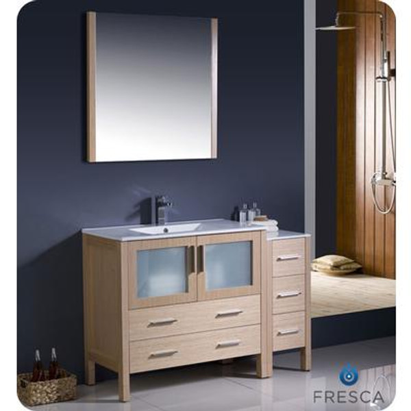 Torino 48 Inch Light Oak Modern Bathroom Vanity With Side Cabinet And Undermount Sinks