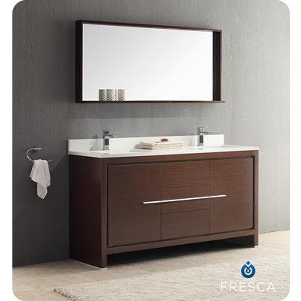 Allier 60 Inch Wenge Brown Modern Double Sink Bathroom Vanity With Mirror