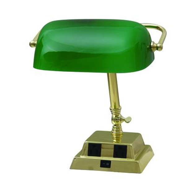 13.8 inches Brass Bankers Lamp w/ 2 outlets