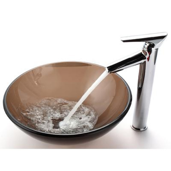 Clear Brown Glass Vessel Sink and Decus Faucet Chrome
