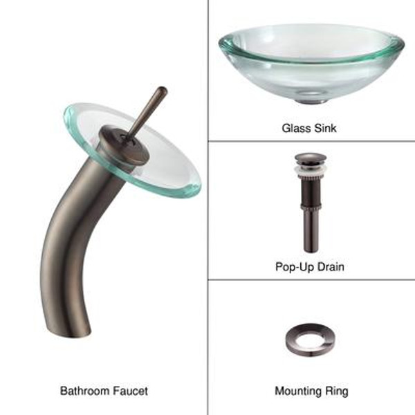 Clear 34mm edge Glass Vessel Sink and Waterfall Faucet Oil Rubbed Bronze