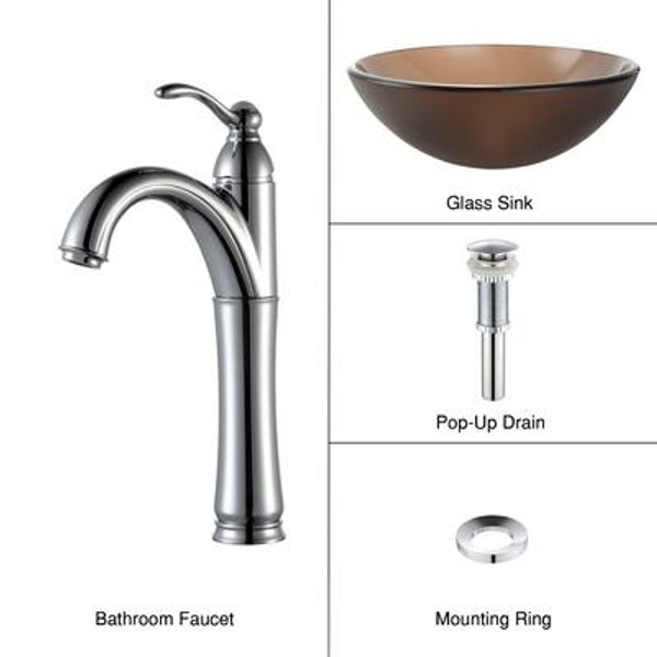 Frosted Brown Glass Vessel Sink and Riviera Faucet Chrome