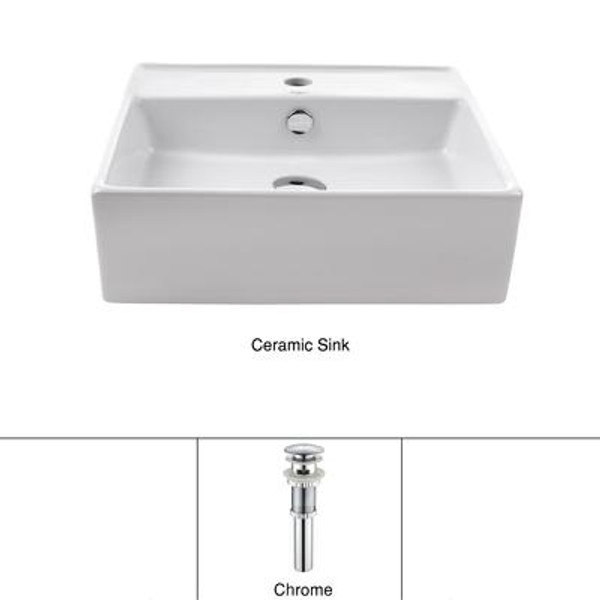 White Square Ceramic Sink and Pop Up Drain with Overflow Chrome