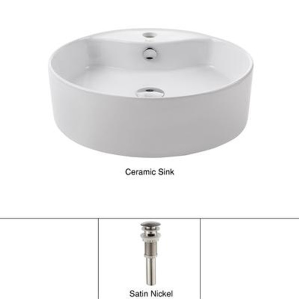 White Round Ceramic Sink and Pop Up Drain with Overflow Satin Nickel