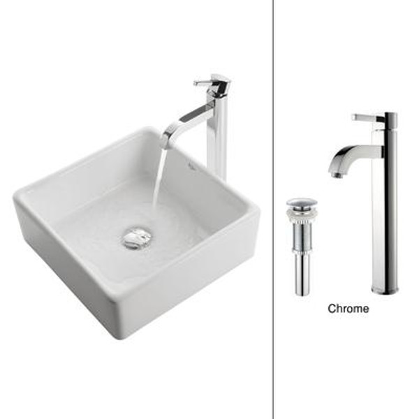 White Square Ceramic Sink and Ramus Faucet Chrome