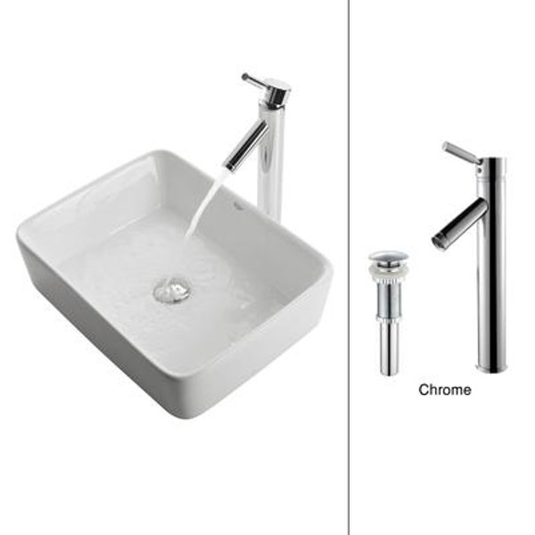 White Square Ceramic Sink and Sheven Faucet Chrome