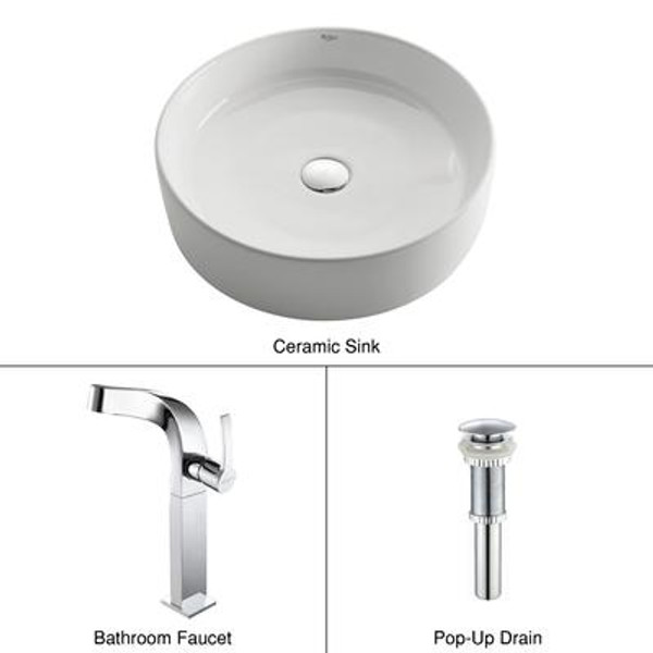 White Round Ceramic Sink and Typhon Faucet Chrome