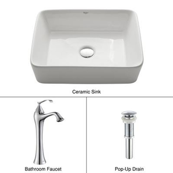 White Rectangular Ceramic Sink and Ventus Faucet Chrome