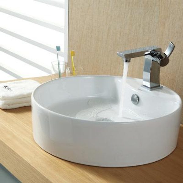 White Round Ceramic Sink and Sonus Basin Faucet Chrome