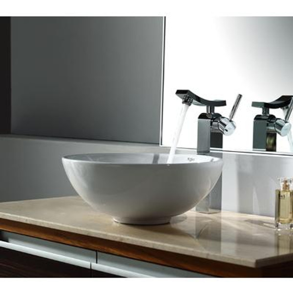 White Round Ceramic Sink and Unicus Faucet Chrome