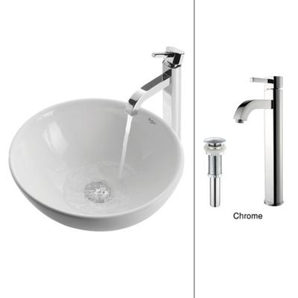 White Round Ceramic Sink and Ramus Faucet Chrome