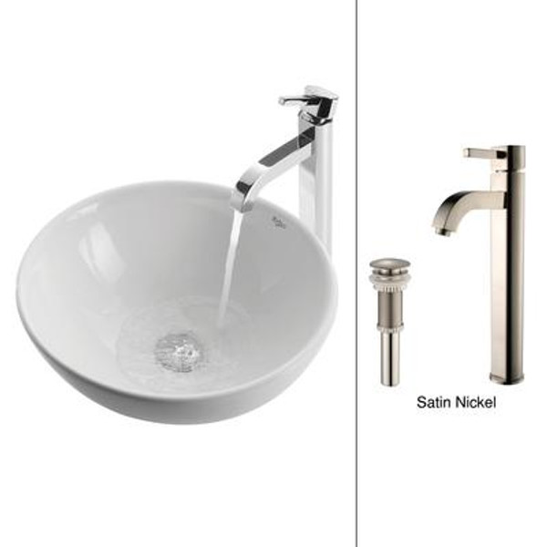 White Round Ceramic Sink and Ramus Faucet Satin Nickel