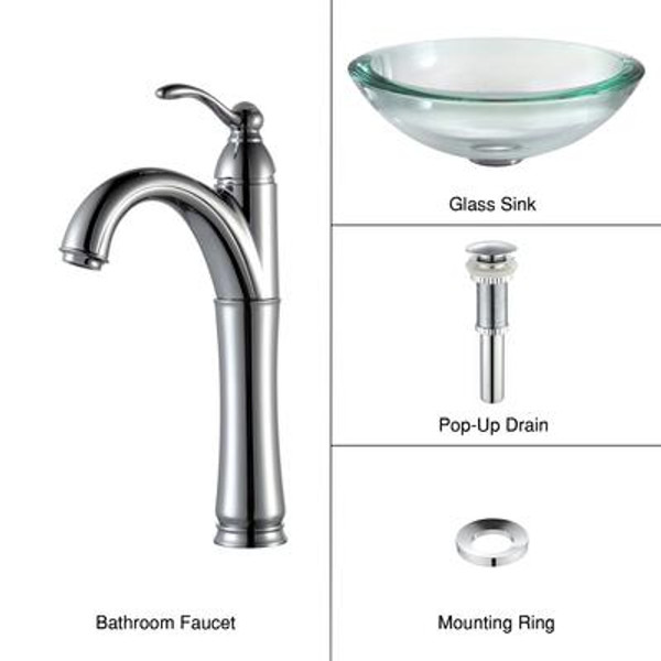 Clear 34mm edge Glass Vessel Sink and Riviera Faucet Chrome