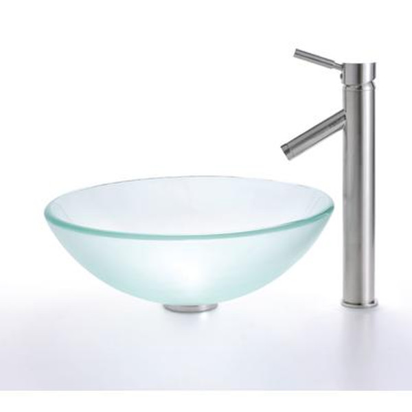 Frosted Glass Vessel Sink and Sheven Faucet Satin Nickel