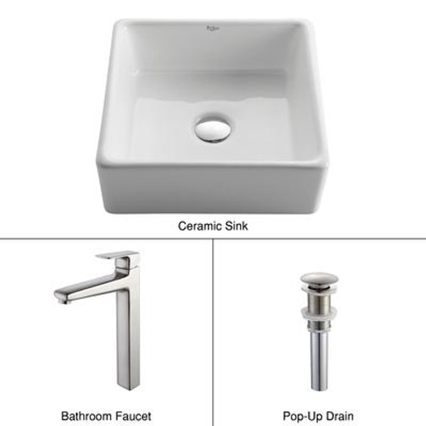 White Square Ceramic Sink and Virtus Faucet Brushed Nickel