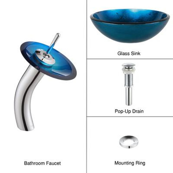 Irruption Blue Glass Vessel Sink and Waterfall Faucet Chrome