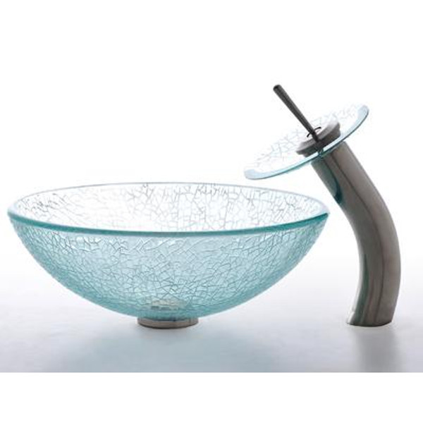 Mosaic Glass Vessel Sink and Waterfall Faucet Satin Nickel