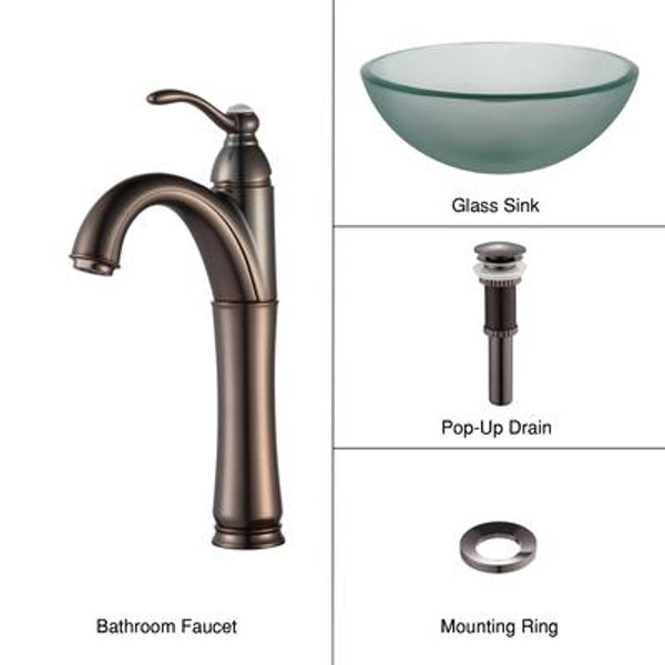 Frosted 14 inch Glass Vessel Sink and Riviera Faucet Oil Rubbed Bronze