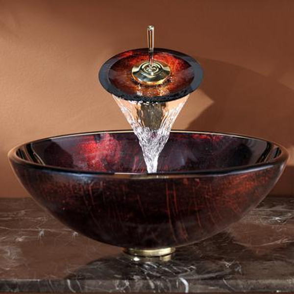 Saturn Glass Vessel Sink and Waterfall Faucet Gold