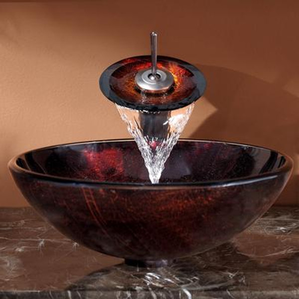 Saturn Glass Vessel Sink and Waterfall Faucet Oil Rubbed Bronze