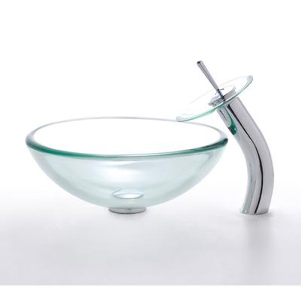 Clear 19mm thick Glass Vessel Sink and Waterfall Faucet Chrome