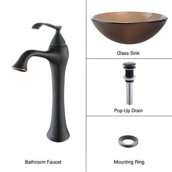 Frosted Brown Glass Vessel Sink and Ventus Faucet Oil Rubbed Bronze