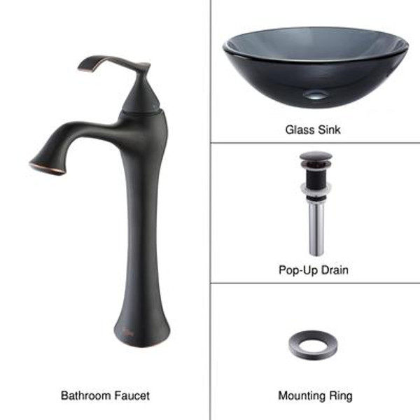 Clear Black Glass Vessel Sink and Ventus Faucet Oil Rubbed Bronze