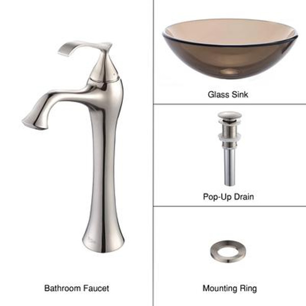 Clear Brown Glass Vessel Sink and Ventus Faucet Brushed Nickel