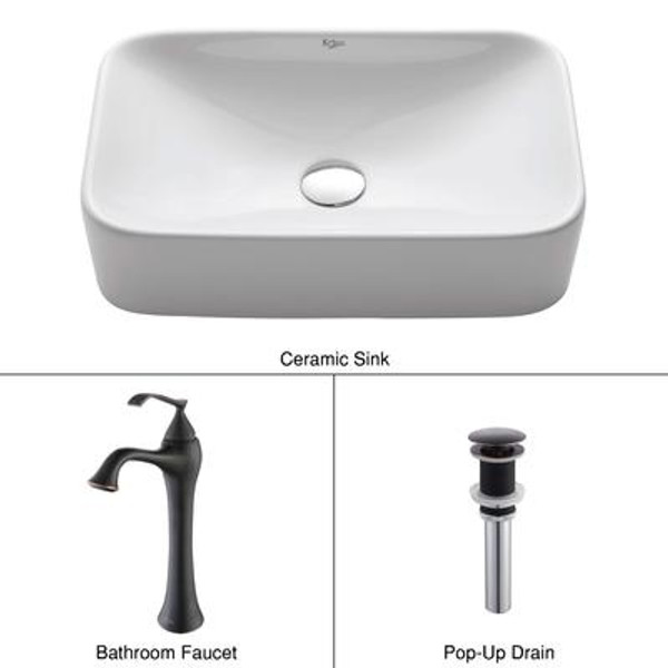 White Rectangular Ceramic Sink and Ventus Faucet Oil Rubbed Bronze