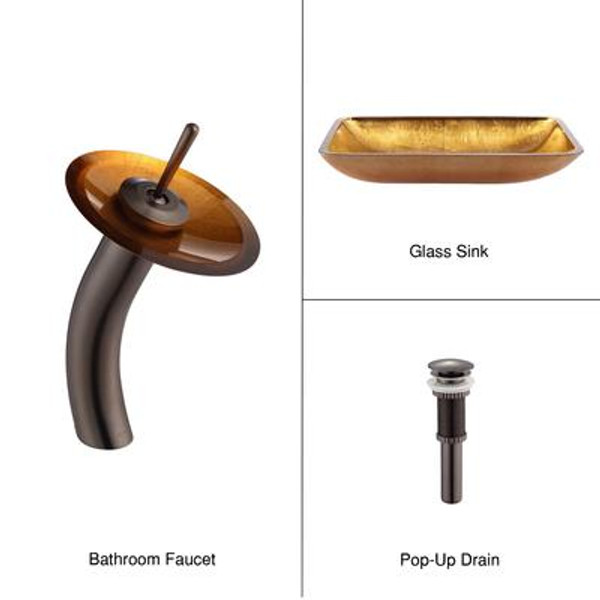 Golden Pearl Rectangular Glass Vessel Sink and Waterfall Faucet Oil Rubbed Bronze