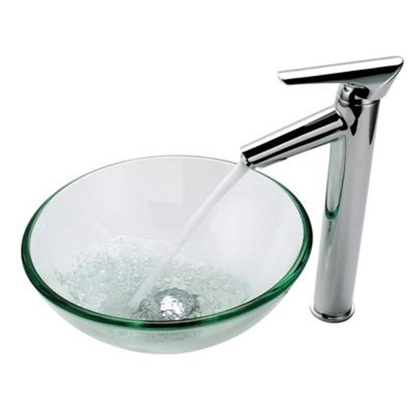 Clear 14 inch Glass Vessel Sink and Decus Faucet Chrome