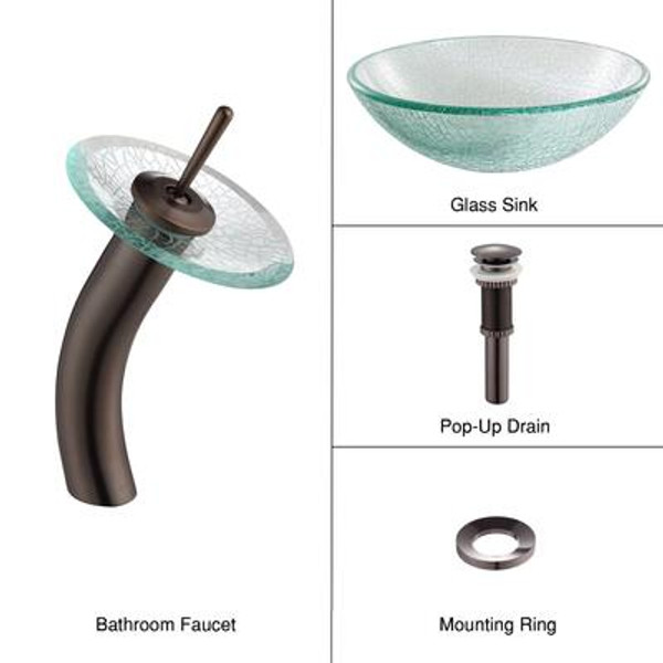 Mosaic Glass Vessel Sink and Waterfall Faucet Oil Rubbed Bronze