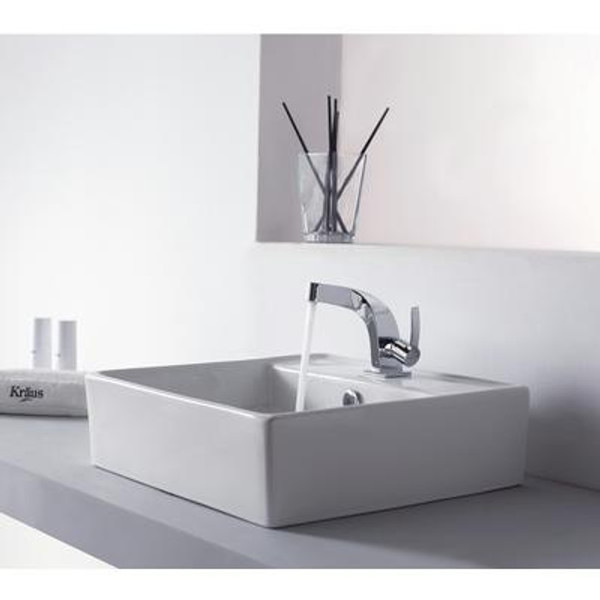 White Square Ceramic Sink and Typhon Basin Faucet Chrome