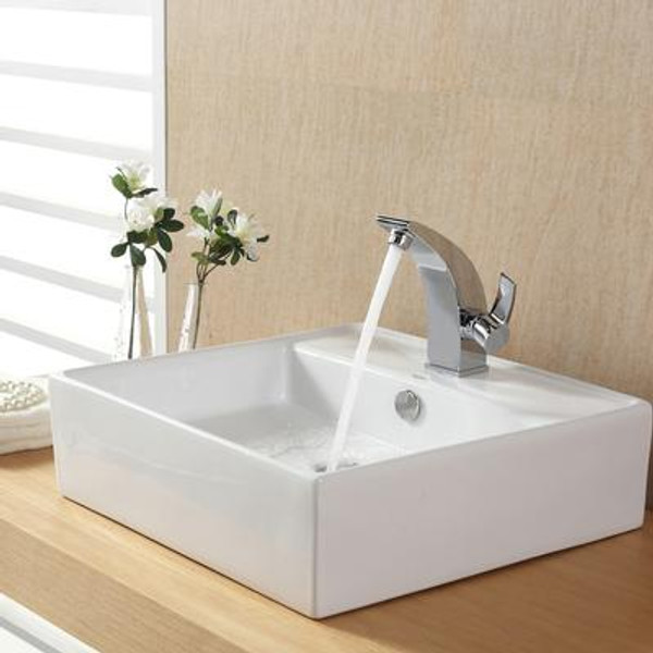 White Square Ceramic Sink and Illusio Basin Faucet Chrome