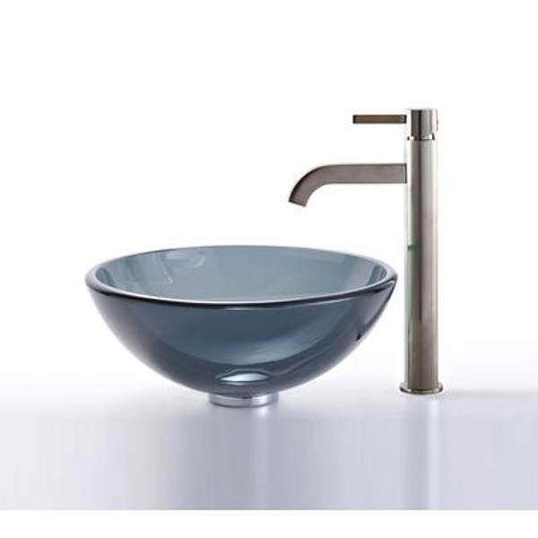 Clear Black 14 inch Glass Vessel Sink and Ramus Faucet Satin Nickel