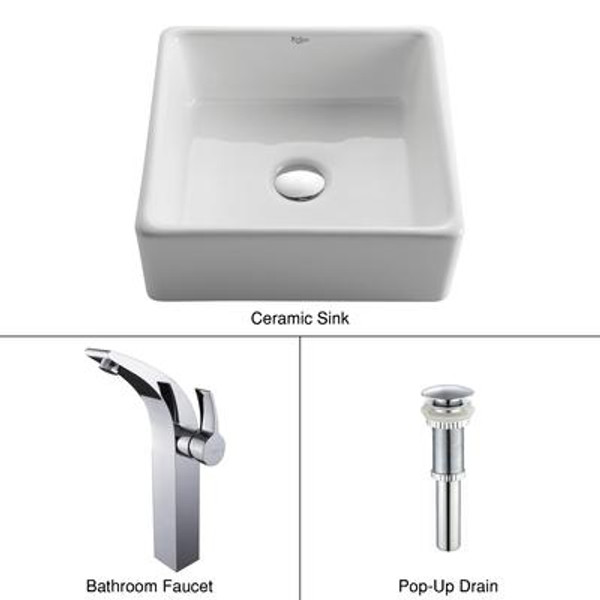 White Square Ceramic Sink and Illusio Faucet Chrome