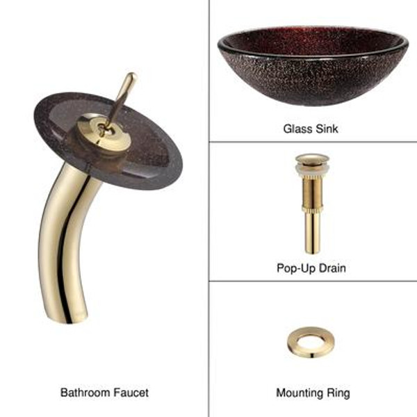 Callisto Glass Vessel Sink and Waterfall Faucet Gold