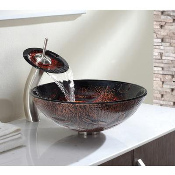 Lava Glass Vessel Sink and Waterfall Faucet Satin Nickel