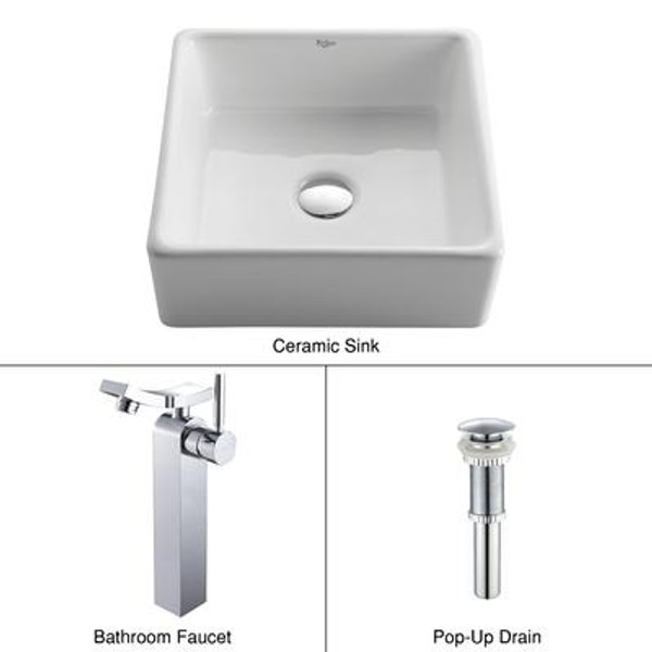 White Square Ceramic Sink and Unicus Faucet Chrome